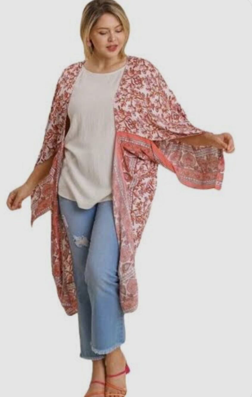 Umgee Red Border Print Wing Sleeve Long Kimono Floral Orange White Size 1XL/2XL